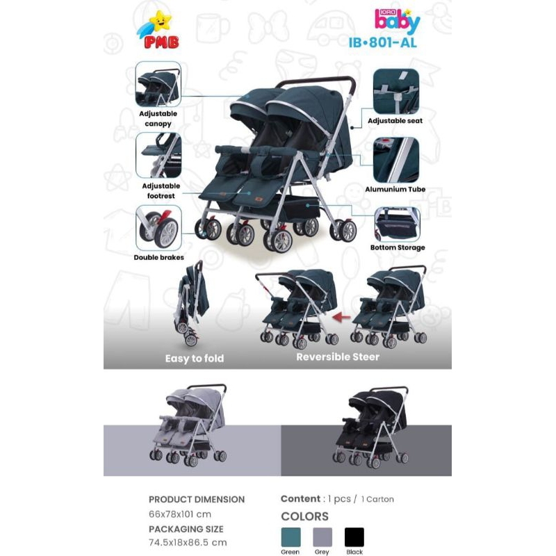 (BUBBLE) STROLLER BAYI KERETA DORONG ANAK KEMBAR TWINS IORA BABY IB801AL / IB802