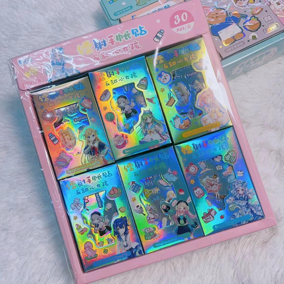 

KODE V5M6 8 Saku Stiker Laser Pelangi Berkilauan Isi 3 kotak kecil per kotak Stiker kartun anti air boneka journal cute murah scrapbook menghias anak lakilaki perempuan