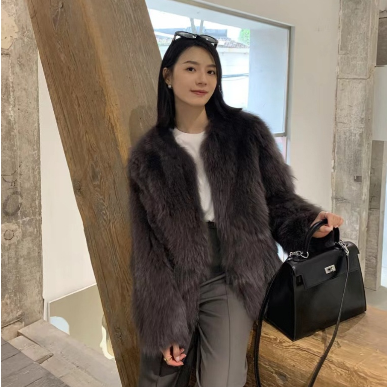 Mantel bulu rubah impor Finlandia mantel bulu pendek musim dingin wanita bulu penuh