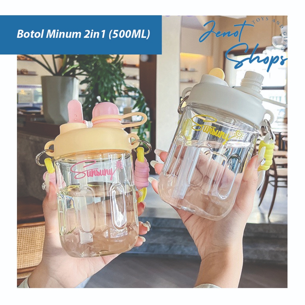 Botol Minum Anak Korea Aesthetic 600ML Sedotan 2 in 1 Teguk Sedot FREE Tali