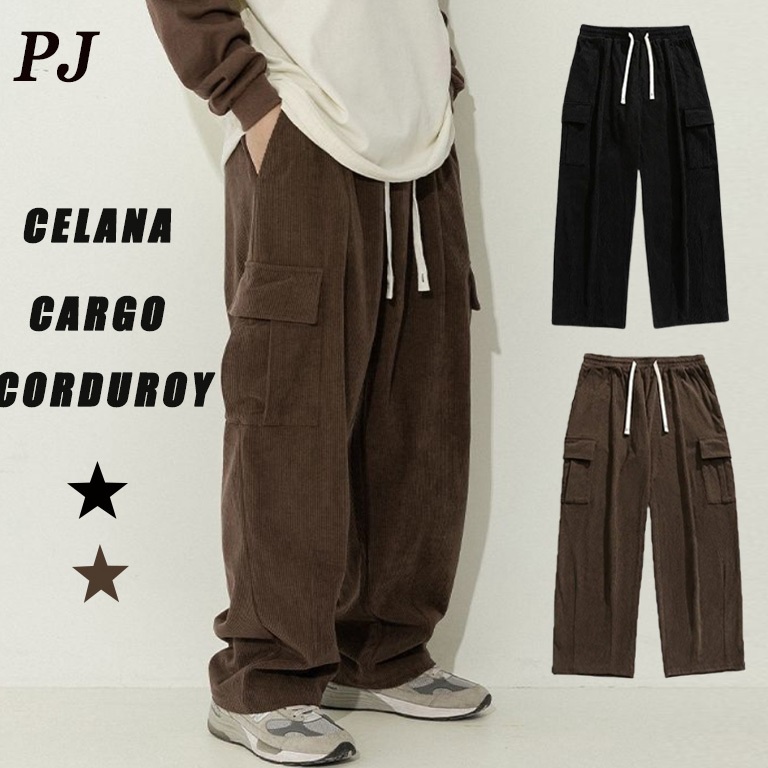 Pesan Saja celana cargo corduroy pria cokelat celana Kargo panjang pria hitam Loose Pants celana gom