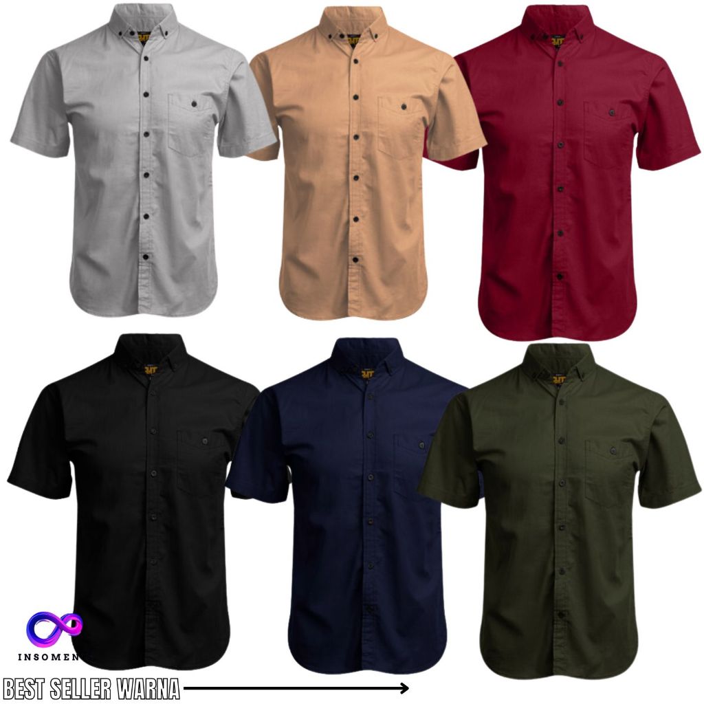 Kemeja Pria Cowok Polos Tangan Lengan Pendek HeM Slimfit Casual Kantoran Murah Hitam Navy Putih Army