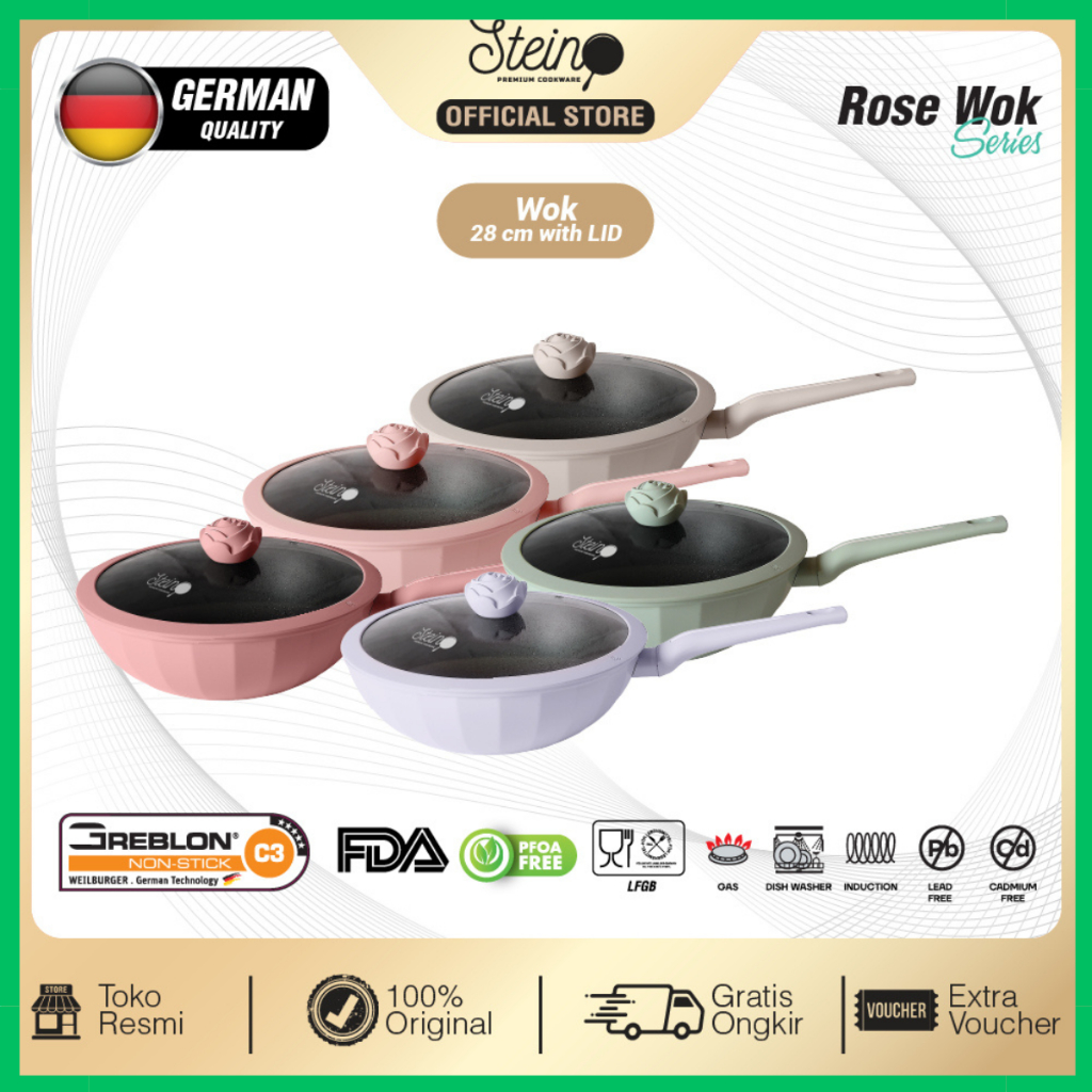 steincookware glamour rose wok pan 28 cm + tutup kaca wajan anti lengket