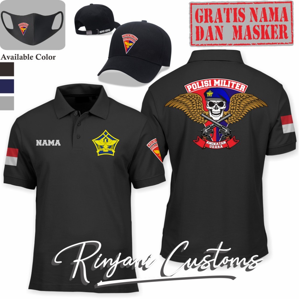KAOS POLO POLISI MILITER ANGKATAN UDARA GRATIS NAMA DAN MASKER - KAOS POLO KERAH POMAU TNI AU SKULL