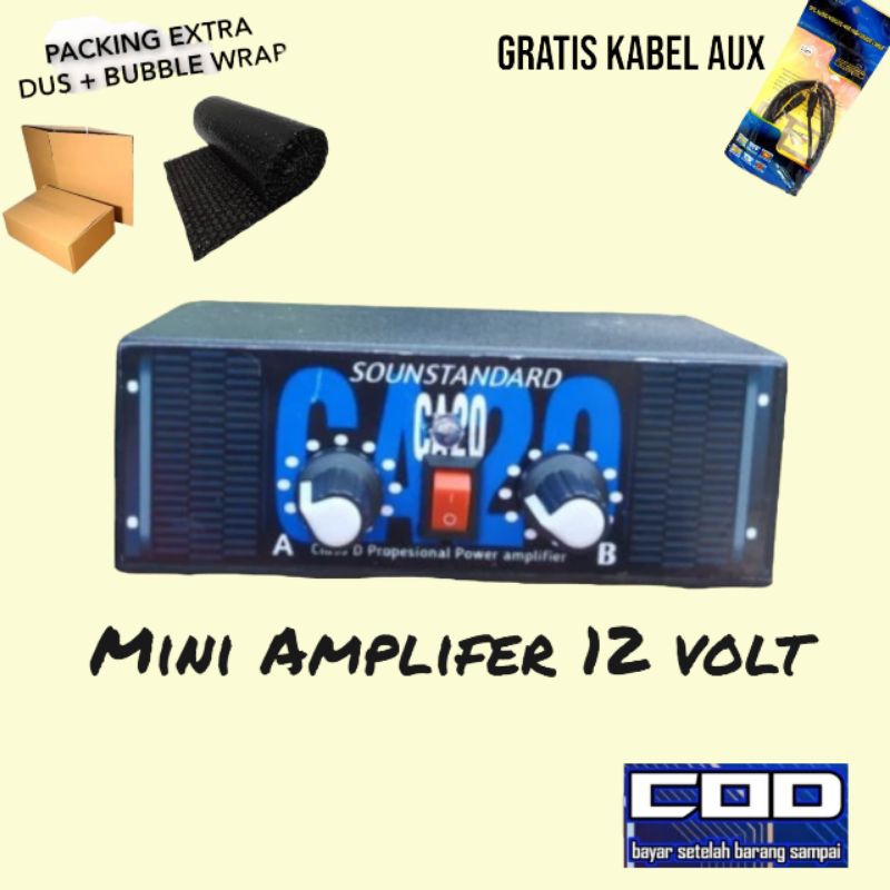 (promo) Power Mini Amplifier stereo 2 potensio cas hp bas glerr clarity - 12V Gratis kabel AUX