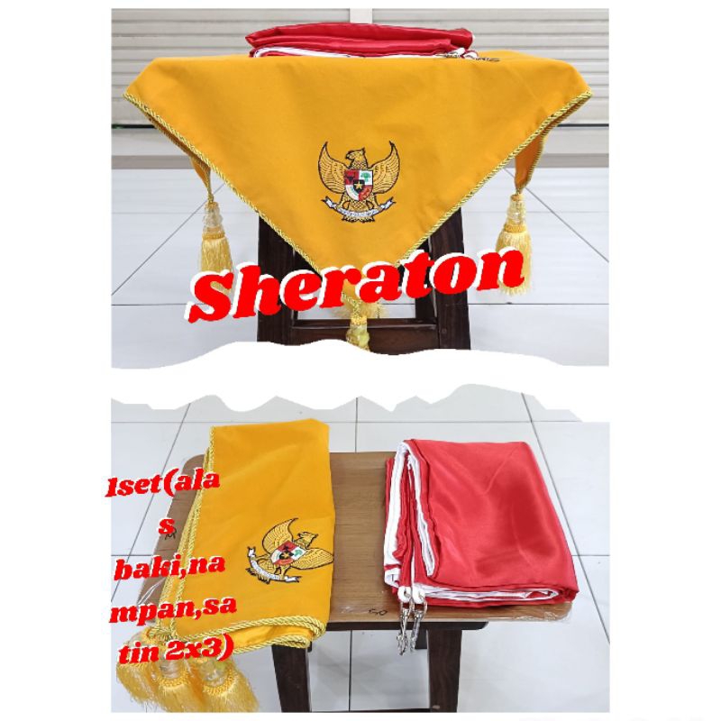

1set alas baki upacara alas baki paskibra+nampan+merah putih satin 2m x 3m