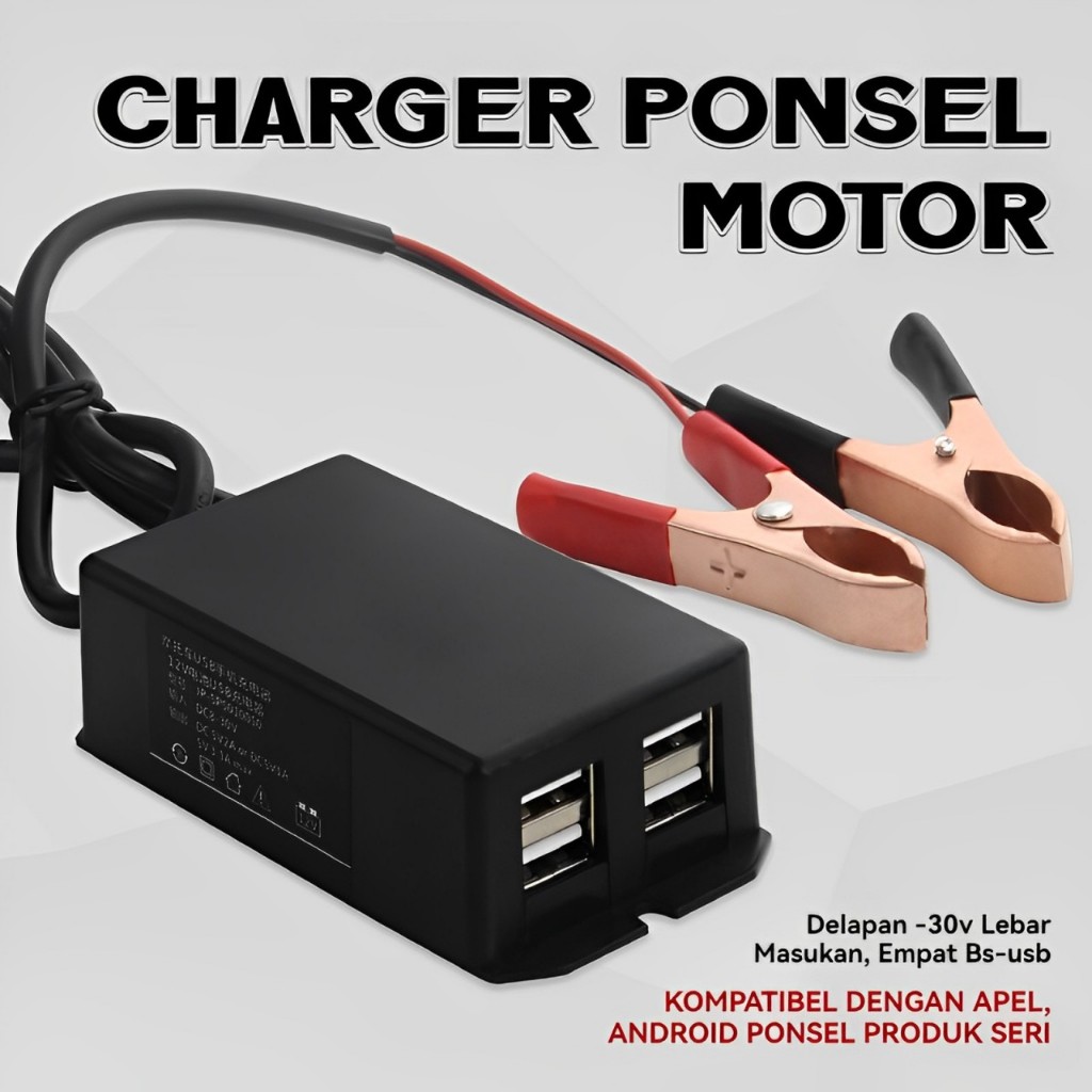 Adaptor Charger HP Darurat Pasang Ke AKI Motor Mobil Universal 4 USB Sambungan Charger Casan HP ke Aki Motor