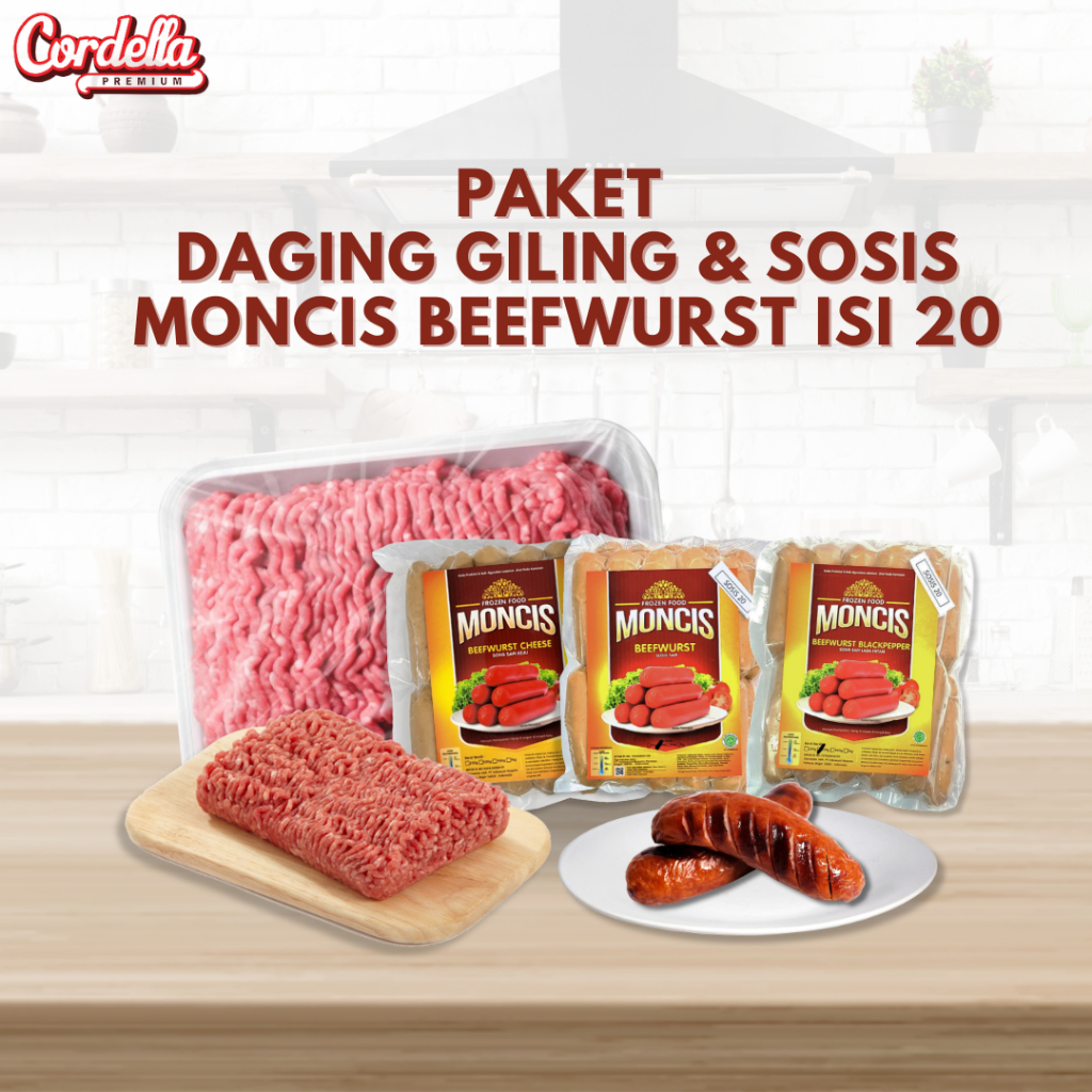 

Paket Daging Giling / Minced Beef 1000gr & Sosis Sapi Moncis Beefwurst Variasi 500gr isi 20