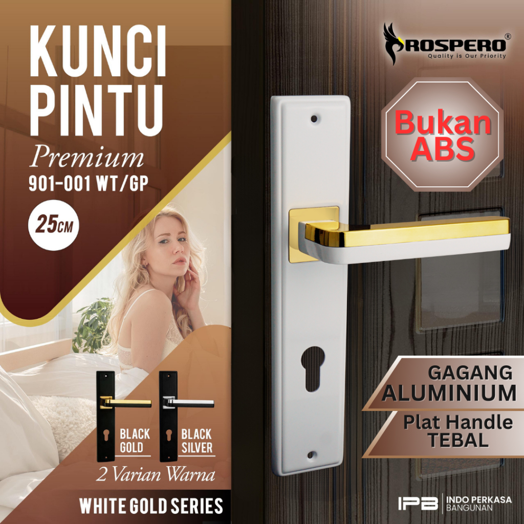 PROSPERO Handle Pintu Kamar Gagang Kunci Pintu Rumah Modern Gaya Eropa White Gold Ukuran 25 cm | 951