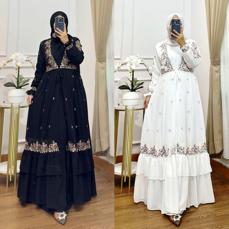 gamis terbari bahan seruty babydoll motif bordir bunga original