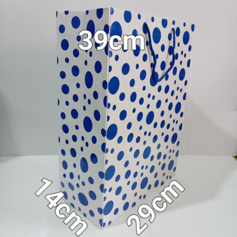 

paperbag motif polkadot ukuran XL (29×14×39)cm isi 12 pcs/pack