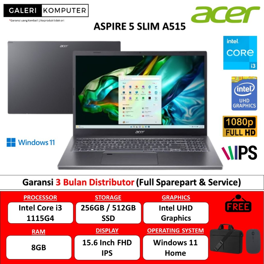 Laptop Acer Aspire 5 Slim A515 Intel i3 1115G4 8GB 512GB FHD IPS Windows 11
