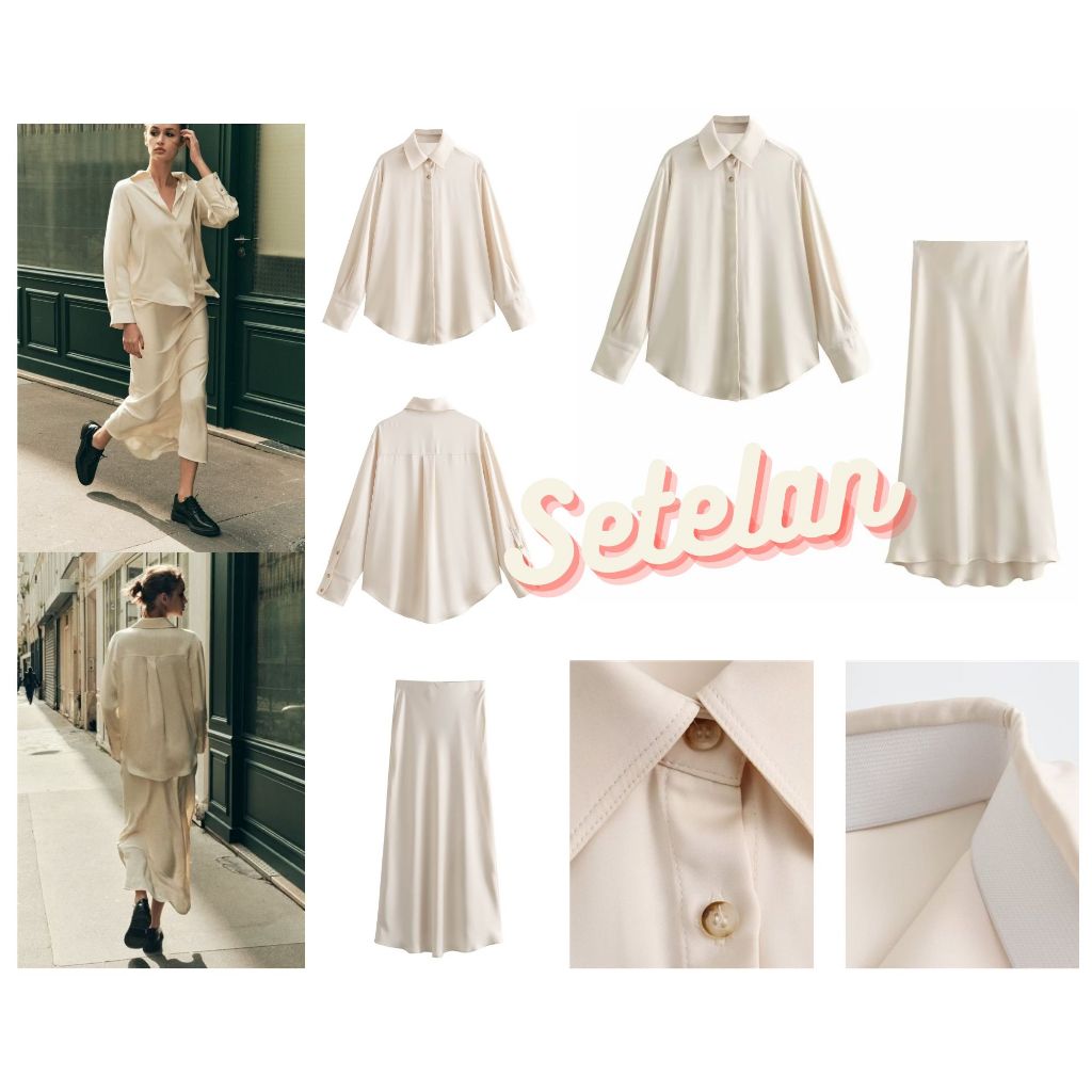 Setelan Kemeja Wanita Lengan Panjang One Set Atasan Rok Satin