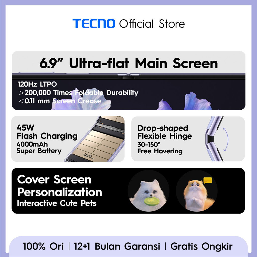 [Pasti Disc 50%] TECNO PHANTOM V Flip 5G - 8+8GB*+256GB, 64MP Ultra-clear Cam, 120Hz Screen, 4000mAh+45W Flash Charging, NFC, The Planet Cover Screen, 32MP Dual-flash Selfie, Android 13, Garansi 12+1 Bulan-4