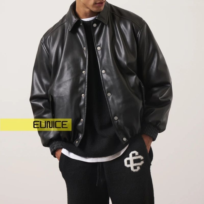 Jacket Kulit Bomber Pria Faux Leather In Black