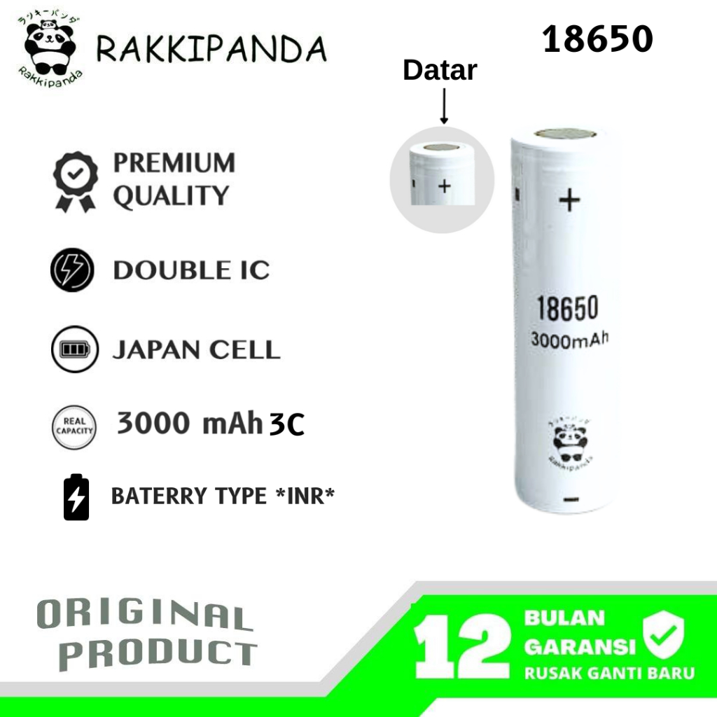RakkiPanda - Baterai Cas 18650 Flat Top & Button Top 3000mAh
