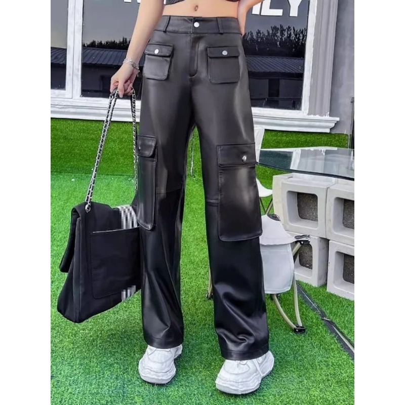 pants pu leather celana panjang wanita kulit hitam