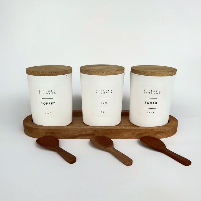 Set isi 3 Tatakan dan Tempat Bumbu Keramik tutup kayu FREE sendok kecil