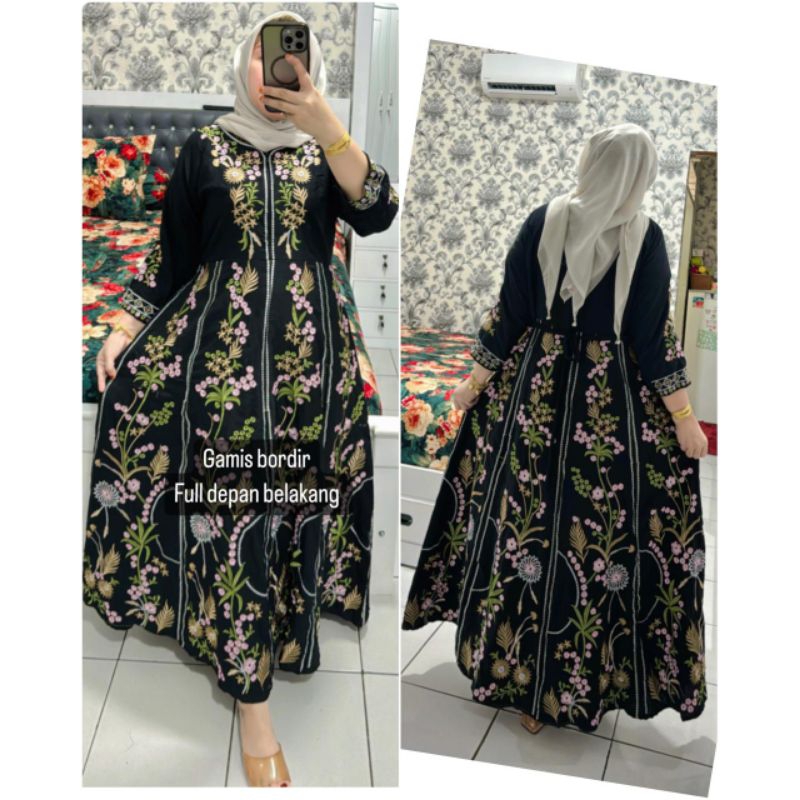 Gamis  wanita Sabrina full bordir timbul keliling katun rayon twill
