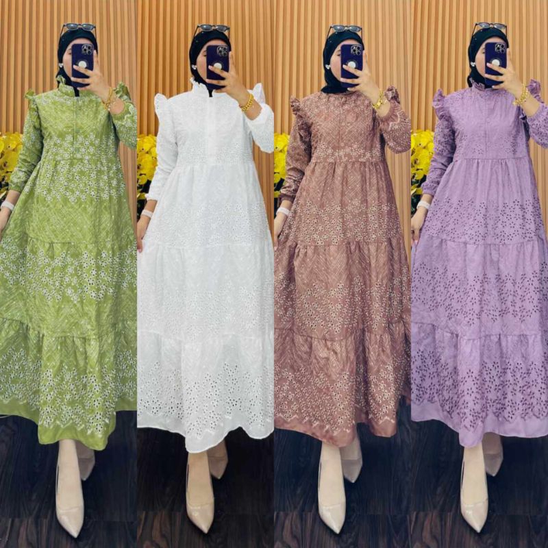 Dress Gamis Katun Bolong Bordir / Gamis Premium Polo Linen Kombinasi Brokat Katun Bolong