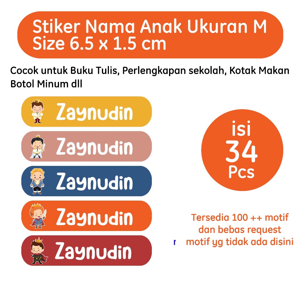 

34 PCS Stiker Label Nama Custom Ukuran M 6,5 x 1,5 / Stiker Peralatan Sekolah
