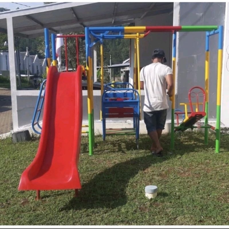 playground perosotan besi galvanis mainan 3set ayunan perosotan jungkitan