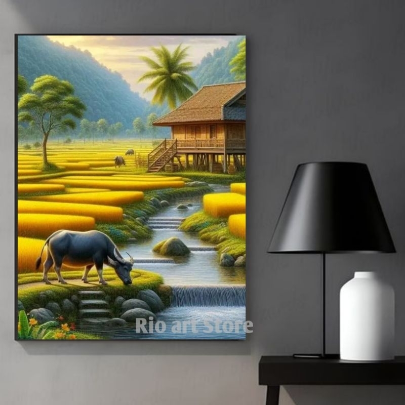 Hiasan dinding poster lukisan ai pemandangan sawah dan seekor kerbau
