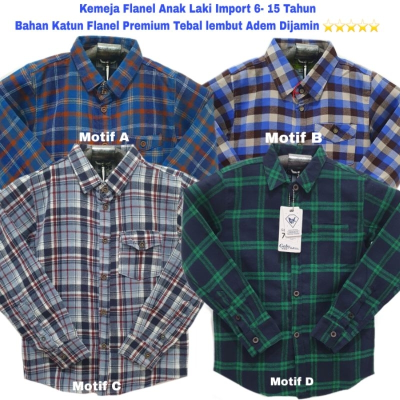 Kemeja Kotak Flanel Anak Laki Laki 6-15 Tahun Katun Premium Hem Anak Tanggung Remaja Biru Hijau Abu 