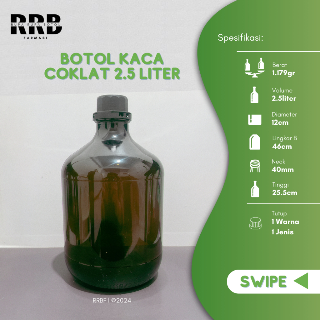 (Paket 2pcs) Botol kaca coklat 2,5L, Botol kaca amber 2,5liter, Botol coklat bulat - Amber 2,5L Boto