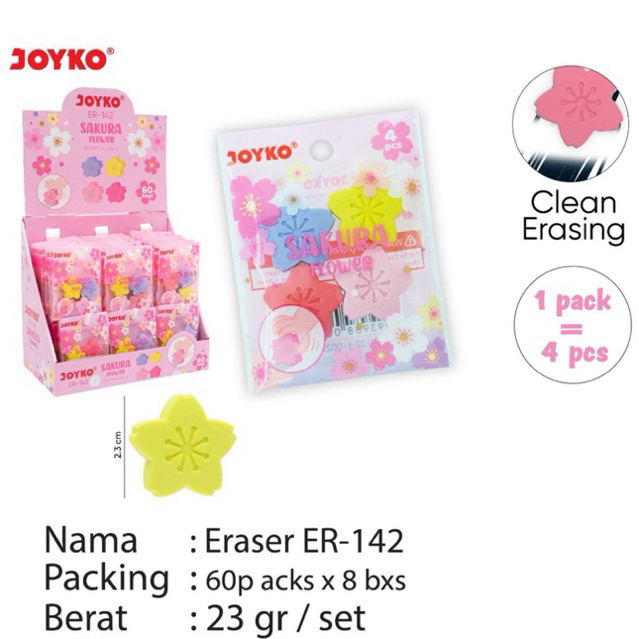 

( Harga 1 pack isi 4 pcs ) ER142 Joyko Eraser Pencil Kembang Sakura Warna Warni ER-142 / Penghapus Karet motif Sakura Flower Lucu No dust Joyko