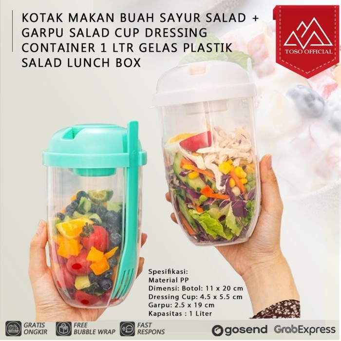 Kotak Makan Buah Sayur Salad + Garpu Salad Cup Portable Dressing Container 1 Ltr Gelas Plastik Salad
