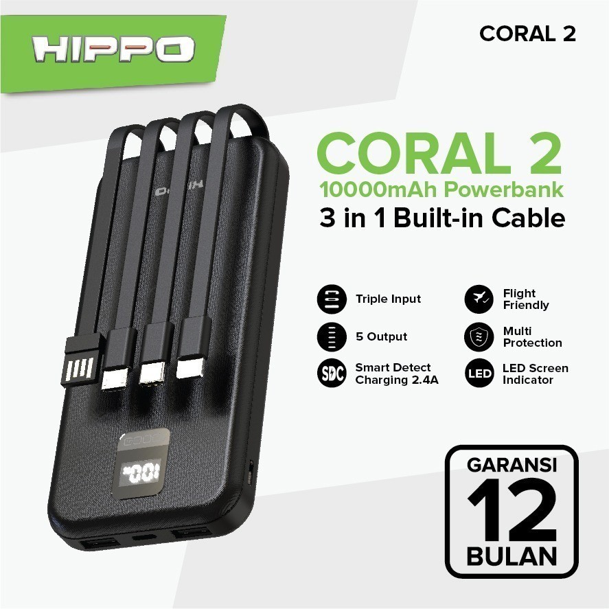 Hippo Power Bank Coral 2 10000 mAh Output 2,4A Smaert Detect Charger flight friendly Garansi Resmi