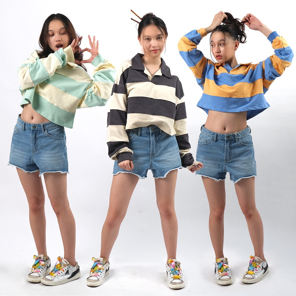 Polo Shirt Wanita | Muzca | Stripe Rugby Crop Shirt