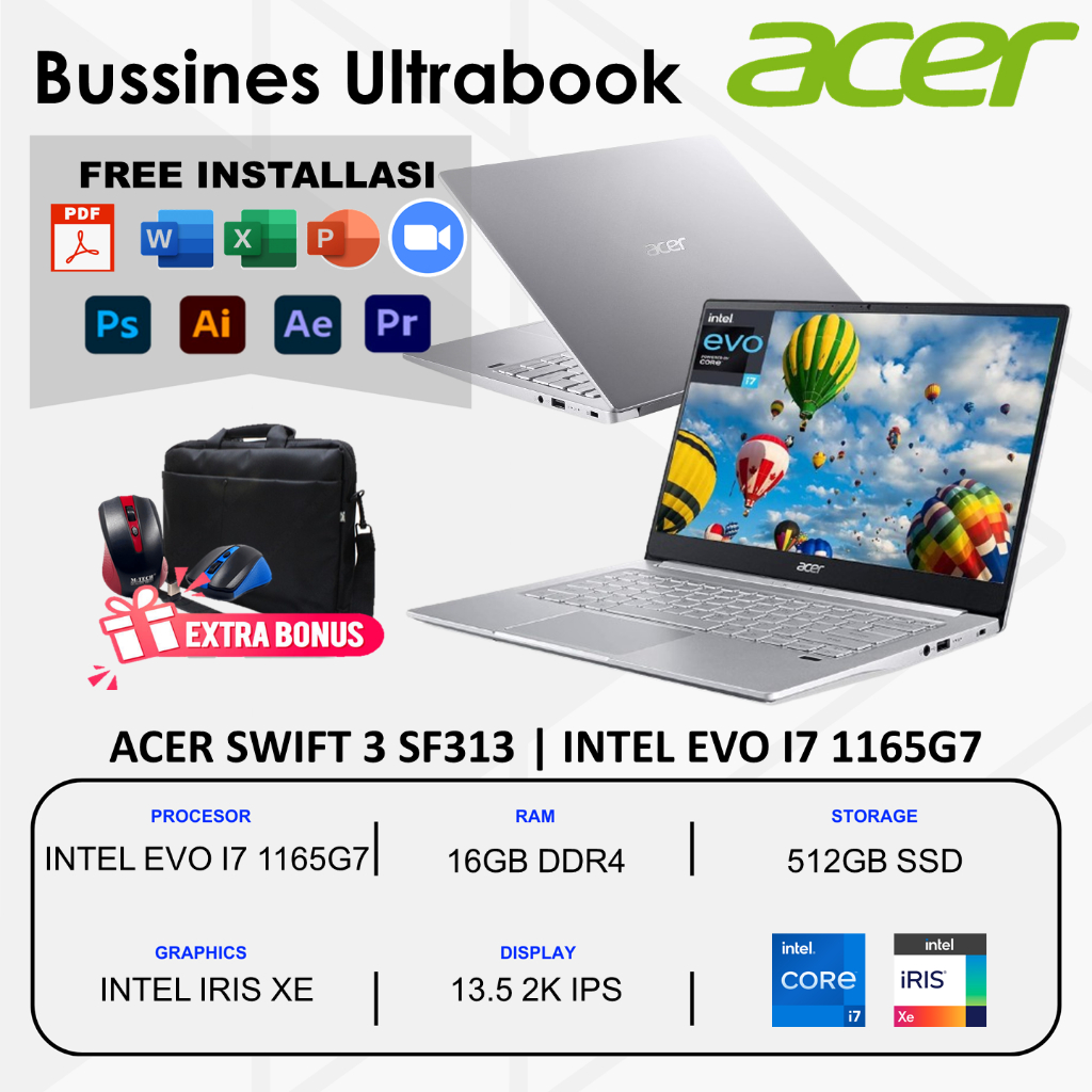 Laptop Ultrabook Acer Swift 3 SF313 Intel Evo i7 1165G7 16GB Ssd 512GB 13.5 Inch 2k Backlight Keyboa