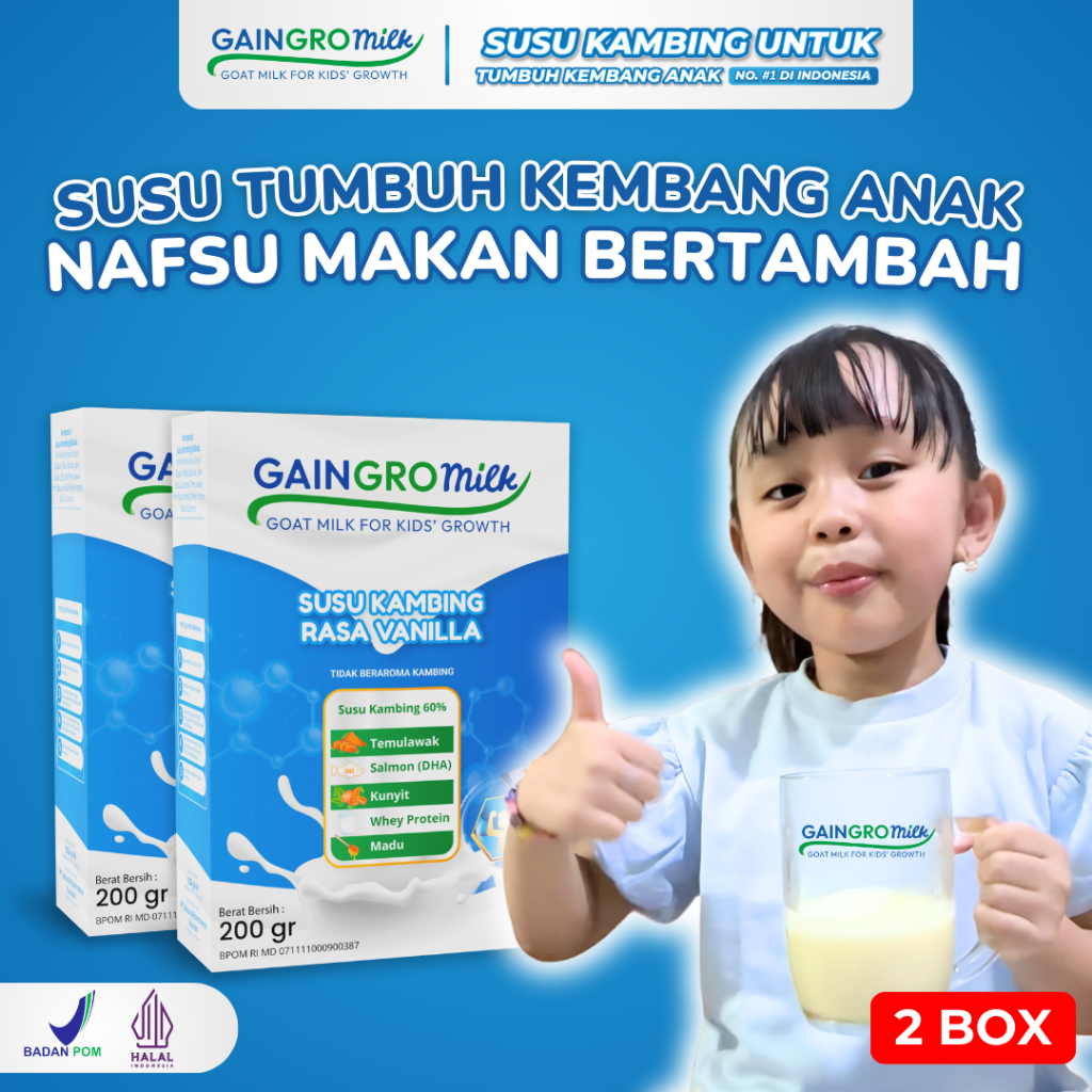 

PAKET 2 BOX GAINGRO MILK VANILLA Penambah Nafsu Makan Anak Susu Kambing Untuk Anak Rasa Vanilla