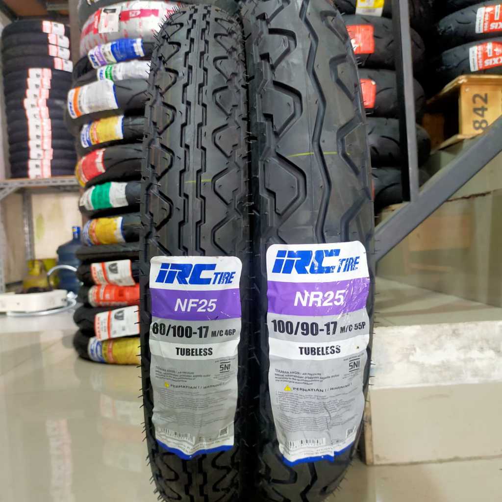 Paket Ban Motor IRC 80/100-17 Dan 100/90-17 NF 25 NR 25 Tubeless Ring 17 Gatis Pentil Verza Mega Pro
