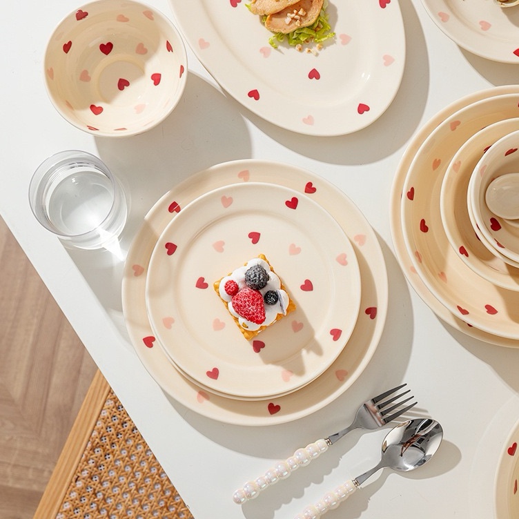 Piring Mangkok Gelas Keramik Motif Hati Kecil Estetik ala Korea  Piring Cafe Hotel  Piring Mangkok C