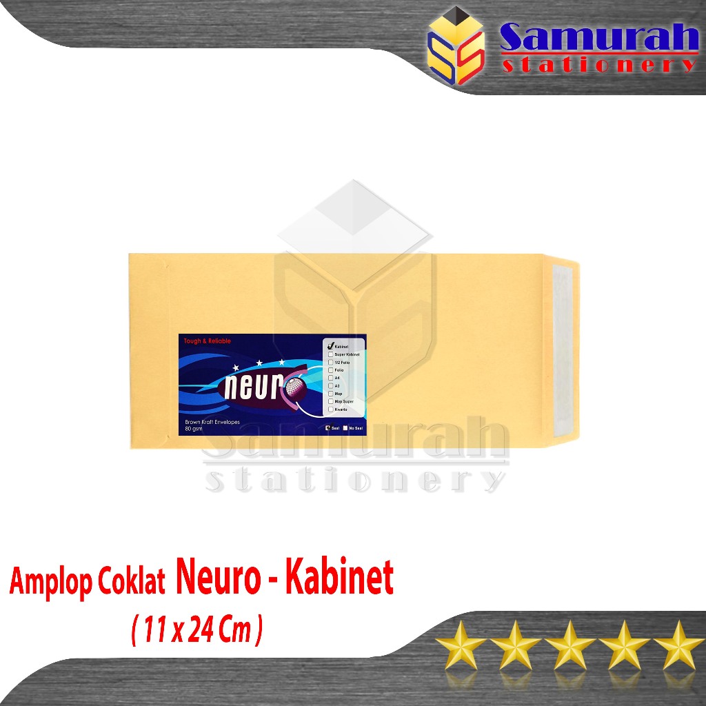 

Amplop Kertas Coklat Polos Neuro Ukuran Kabinet + Lem / Envelope Cabinet Seal Kop Surat 11 x 24 cm