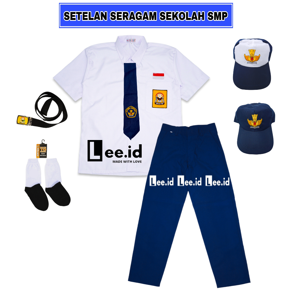 Setelan Seragam Sekolah SMP Biru Putih Laki-laki Baju Putih Lengan Pendek Celana Biru Panjang