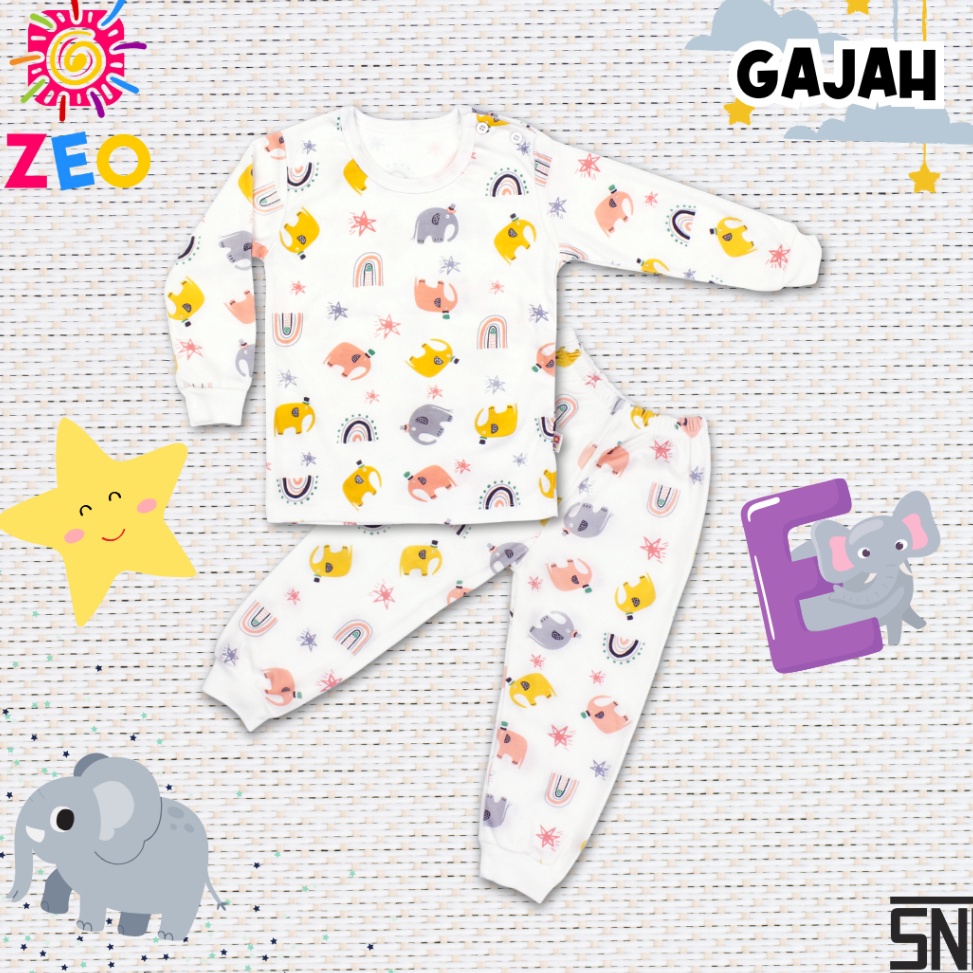 Sudah READY Zeo Piyama Lengan Panjang Set Baju Tidur Bayi dan Anak Motif Gajah Bahan Katun