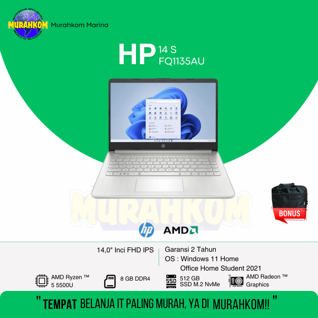 HP 14S FQ1135AU RYZEN 5-5500U RAM 8GB SSD 512GB 14"FHD IPS WIN11+OHS