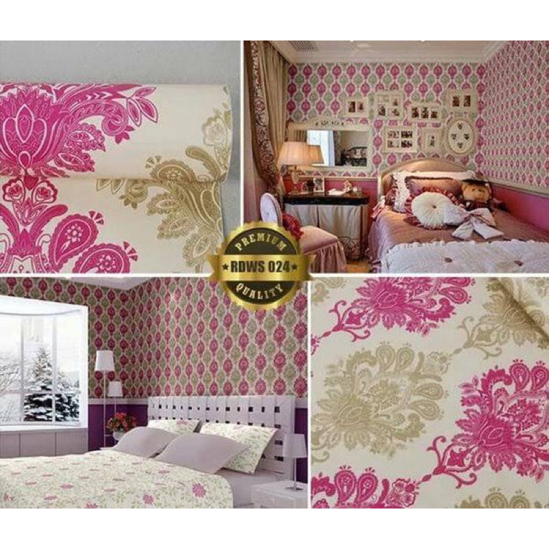 WALLAPAPER STICKER 10 M x 45 cm MOTIF BATIK PINK EMAS GOLD CY1002