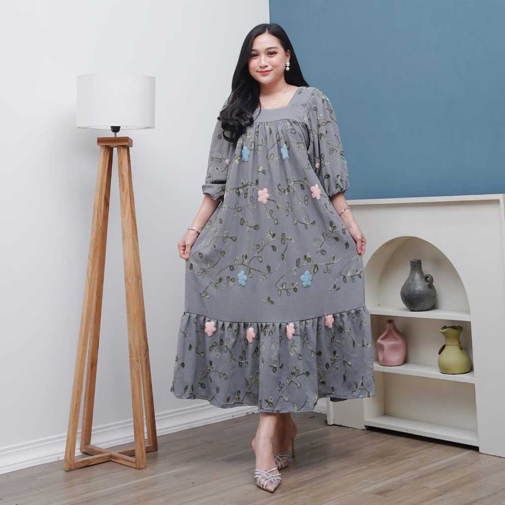 Dress crinkle airflow pompom/daster crinkle bordir kekinian