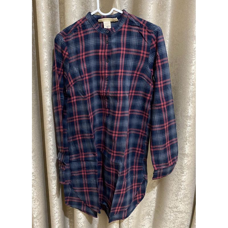 Baju Kemeja Tunik merk HM series L.O.G.G warna maroon abu motif kotak uk 32 fit to M <Preloved>