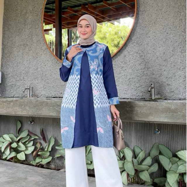 BRAWEE - Tunik Batik Wanita Batik Tunik Busana Muslim M L XL XXL Jumbo Motif Zigzag Bunga