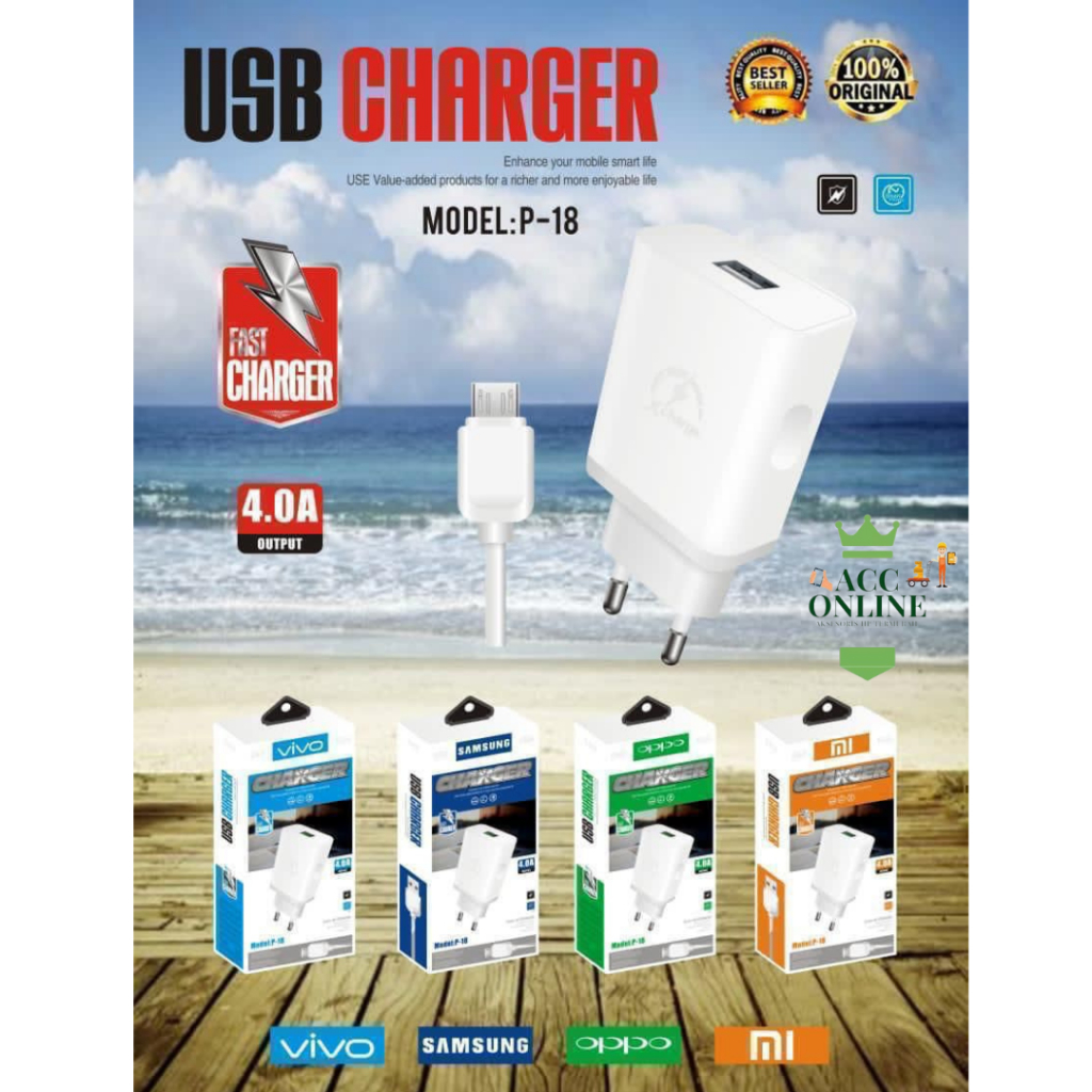 Charger USB Micro Brand P18 P-18 Cas kabel mikro 4A TC branded p 18