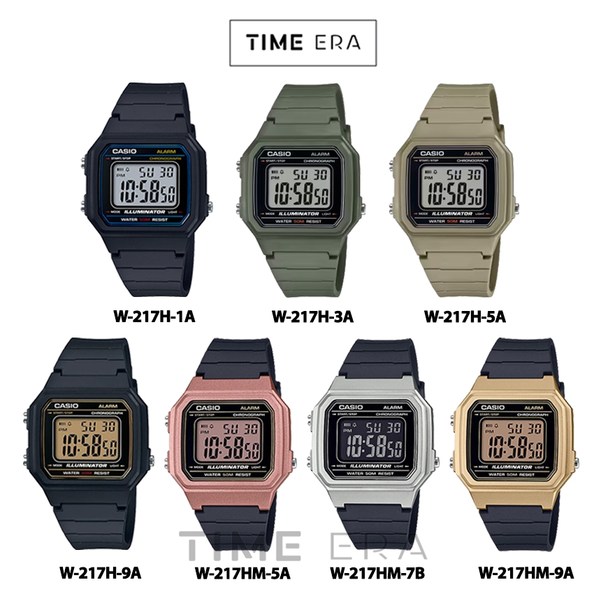 Casio General W-217H-1A 3A 5A 9A /  W-217HM-5A 7B 9A Jam Tangan Pria Digital Karet Hitam