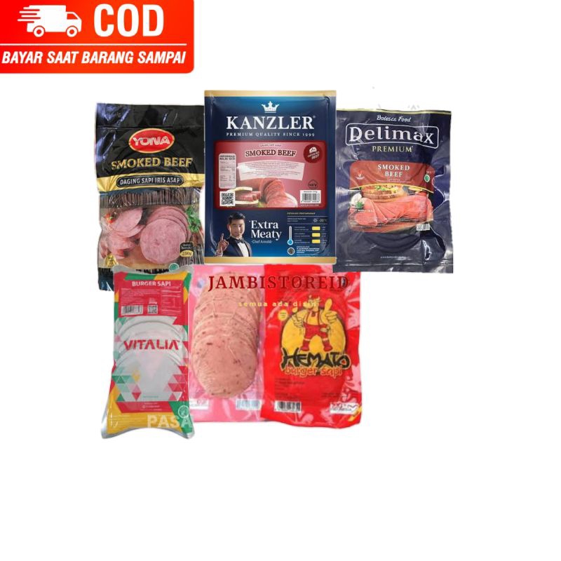 

(JAMBISTOREID) PILIH PENGIRIMAN INSTAN Smoked Beef 250gram Daging Iris Asap Sapi Frozen Yona Delimax Hemato Kanzler Vitalia Instan Untuk Isian Burger Sandwich Kebab Jambi