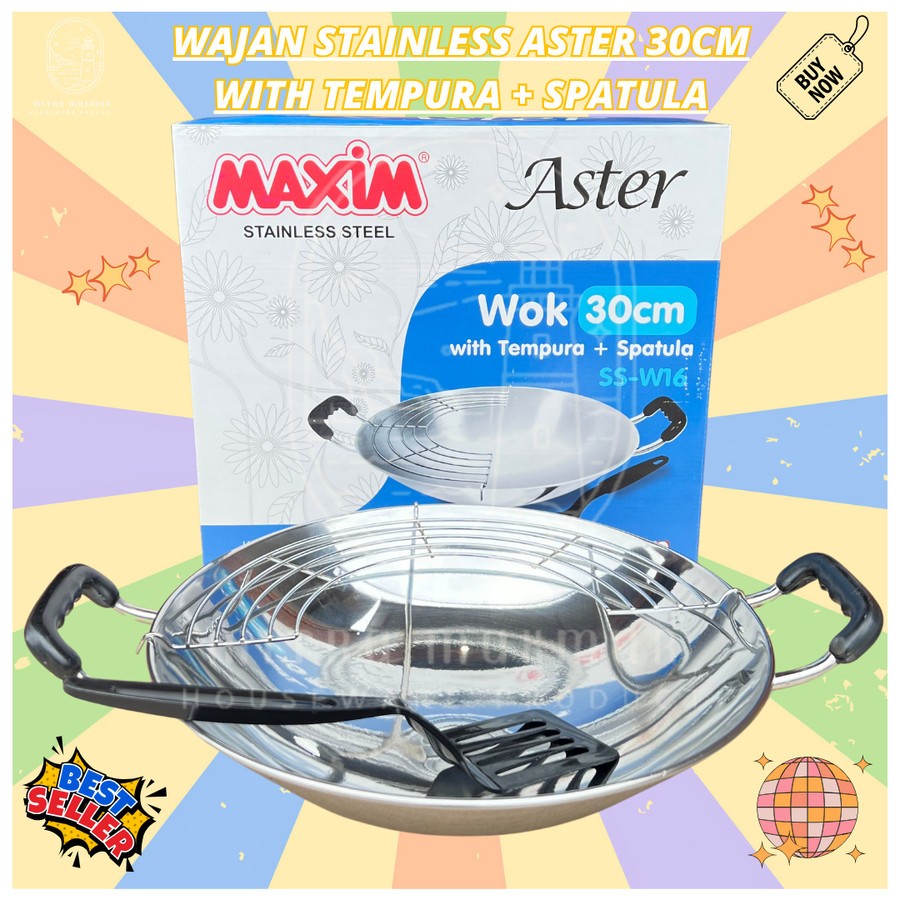 Maspion Panda Aster Wok 30 cm + Tempura Rack dan Spatula- Wajan Stainless Steel 30 cm