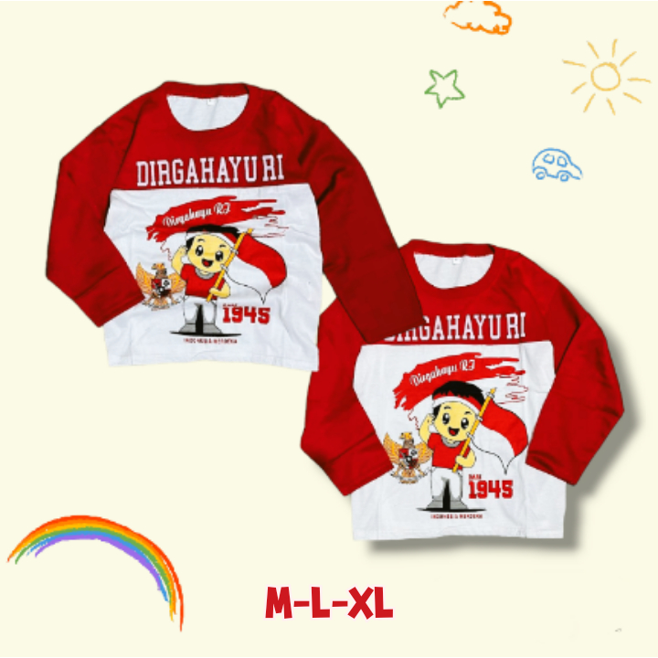 Atasan merah putih agustusan lengan panjang bahan katun//kaos kemerdekaan anak gambar terkini
